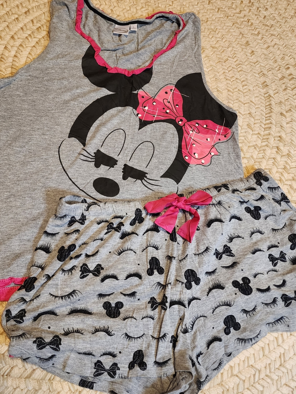Disney Gray and Pink Minnie Mouse Short Pajama Set Bow Ruffle